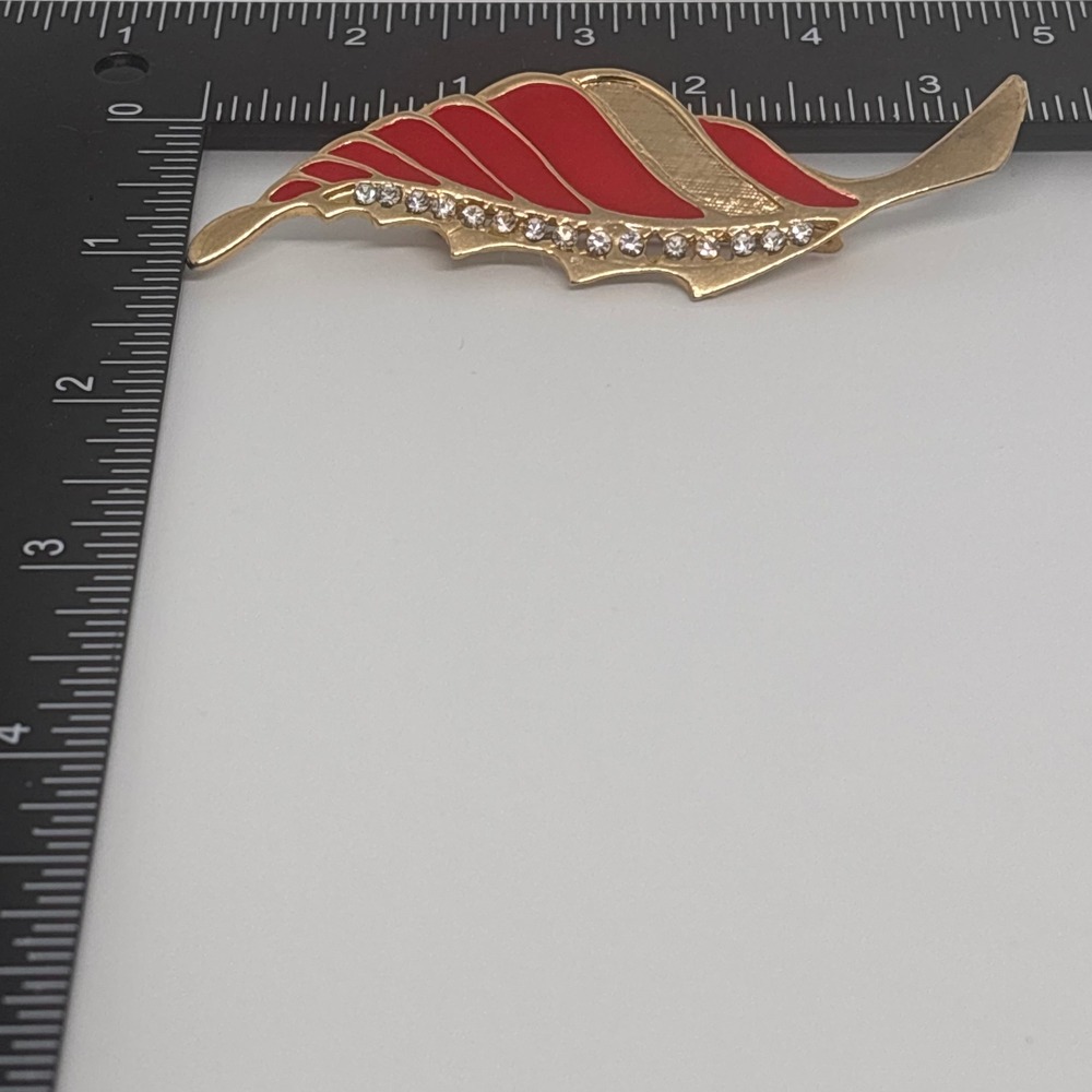 Gold Tone Red Enamel Crystal Leaf Brooch Pin Fashion Jewelry - Picture 4 of 7